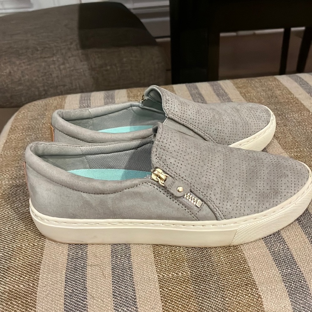 Perforated gray Dr Scholls slip ons